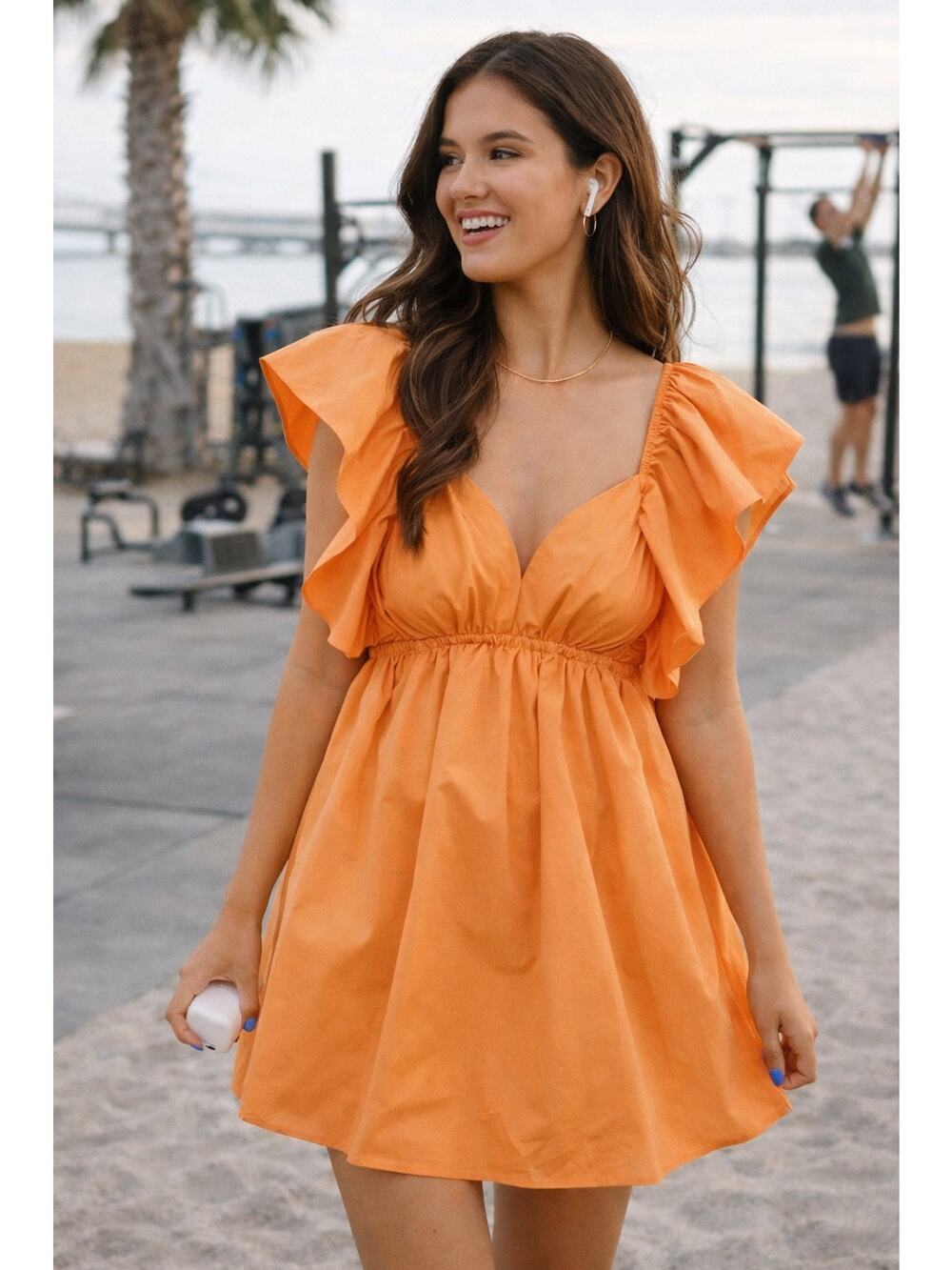 FORE Carolyn Statement Flutter Sleeve Mini Dress in Orange Size S